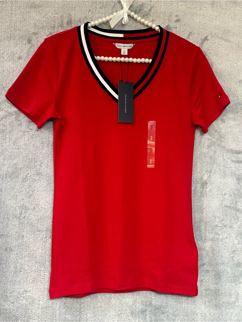 Tommy Hilfiger Red V-Neck Tee with Striped Collar
